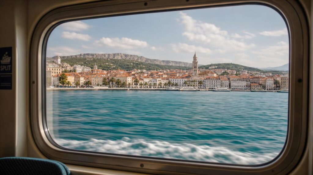View from a ferry window approaching Split's coastline, terracotta rooftops and green hills in the distance