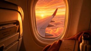 View from a window seat on a plane at golden hour, wing visible against a layer of clouds lit warm coral and gold,