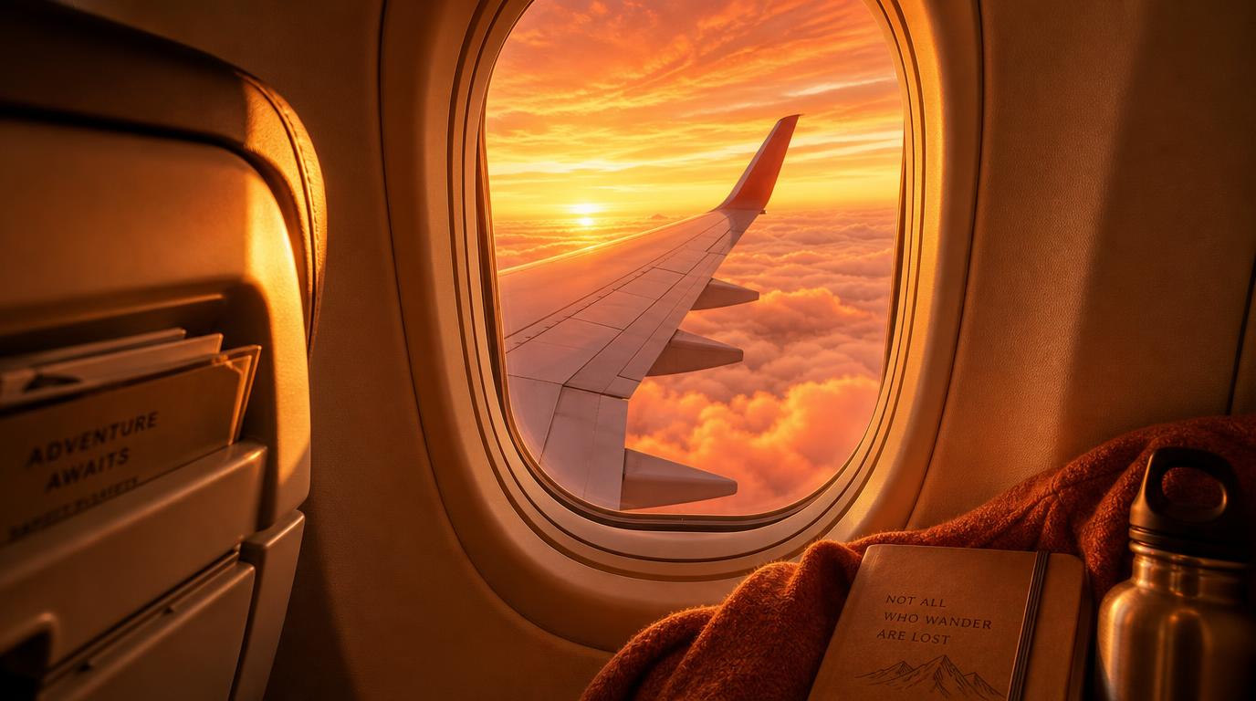 View from a window seat on a plane at golden hour, wing visible against a layer of clouds lit warm coral and gold,