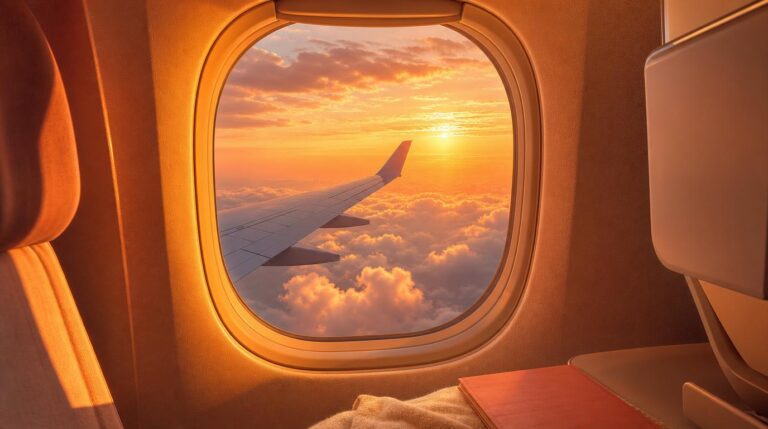 View from a window seat on a plane at golden hour, wing visible below scattered clouds, warm coral and golden-yellow