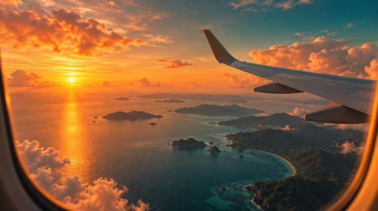 View from an airplane window seat at golden hour