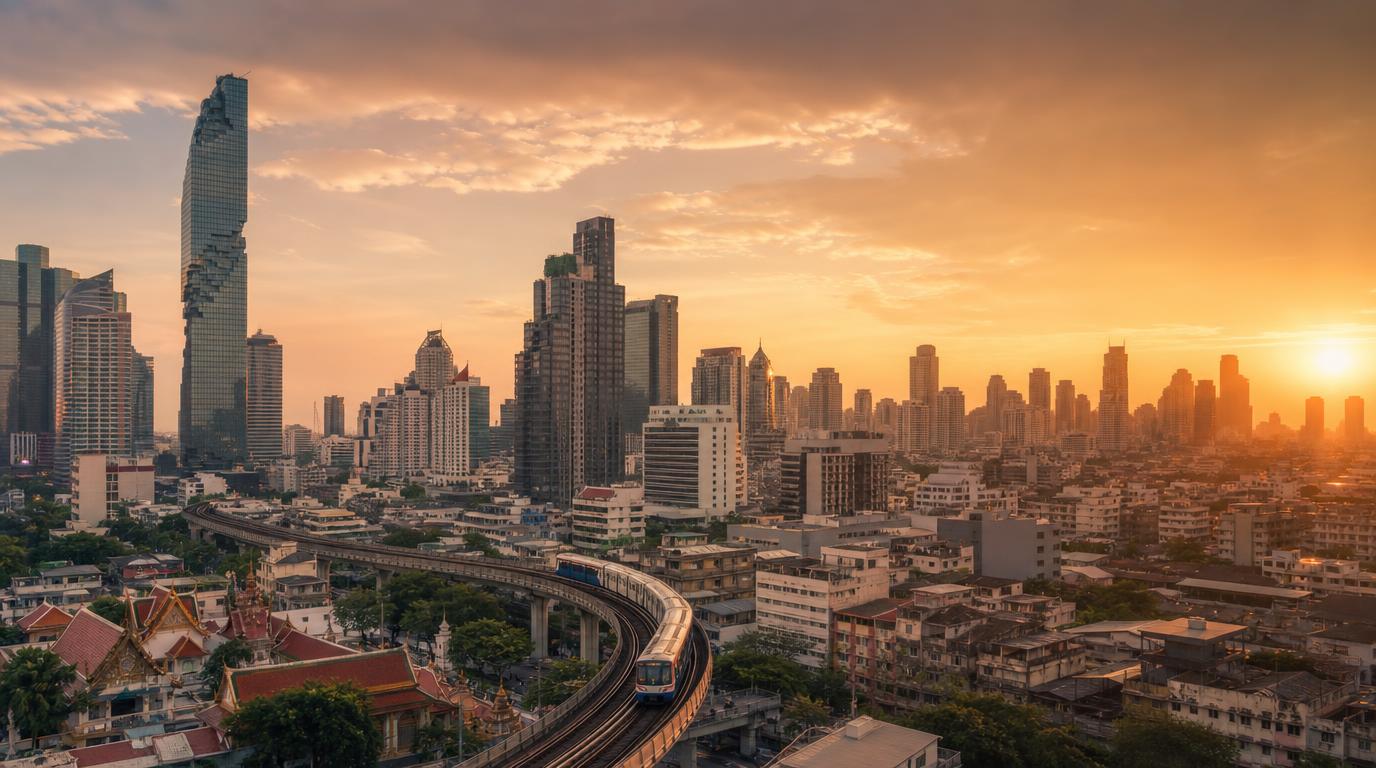 Wide golden-hour skyline shot of Bangkok, elevated BTS Skytrain tracks curving through a dense mix of glass towers