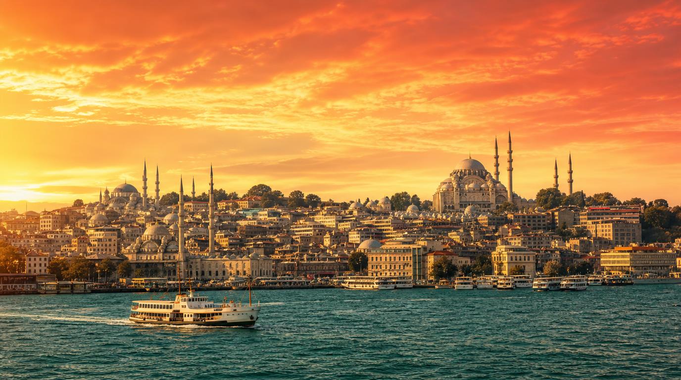 Wide golden-hour skyline shot of Istanbul across the Bosphorus, minarets and mosque domes silhouetted against a warm coral
