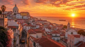 Wide golden-hour skyline shot of Lisbon's Alfama district from a rooftop viewpoint, terracotta rooftops cascading toward the Tagus River