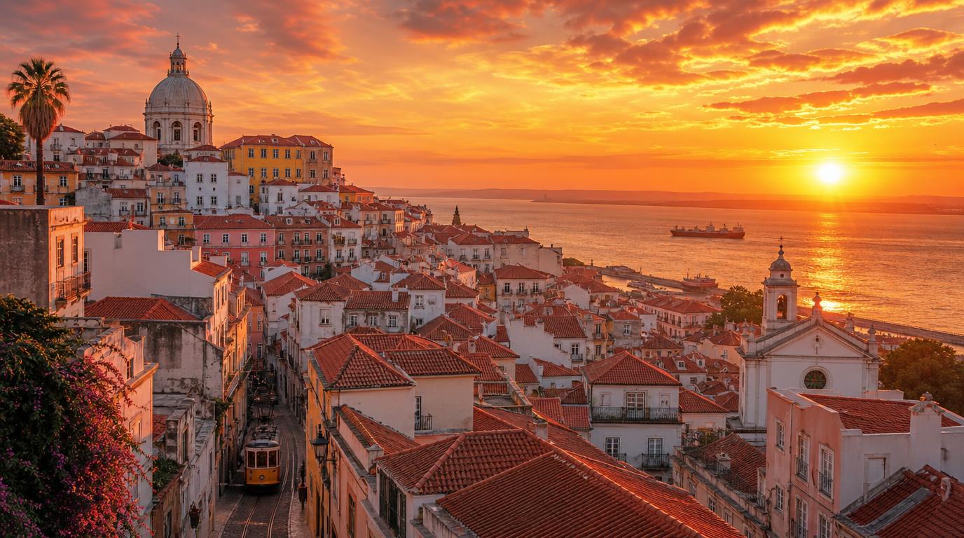 Wide golden-hour skyline shot of Lisbon's Alfama district from a rooftop viewpoint, terracotta rooftops cascading toward the Tagus River