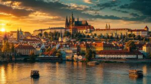 Wide golden-hour skyline shot of Prague from across the Vltava River, Prague Castle and the spires of St. Vitus Cathedral