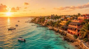 Wide landscape shot at golden hour of a Latin American coastal skyline (evoking Mexico's Riviera Maya coastline)