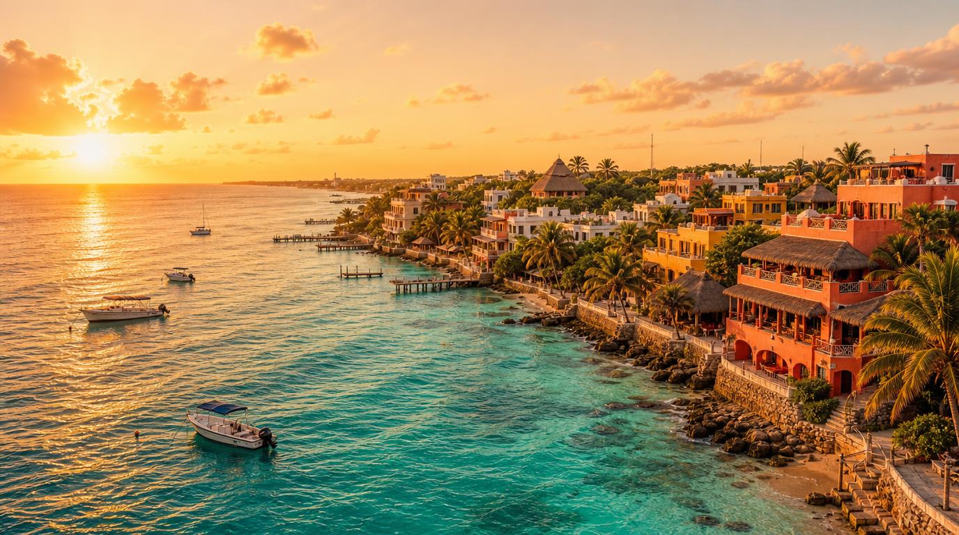 Wide landscape shot at golden hour of a Latin American coastal skyline (evoking Mexico's Riviera Maya coastline)