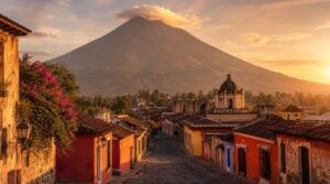 Wide landscape shot of Antigua, Guatemala at golden hour, cobblestone streets and colorful colonial buildings