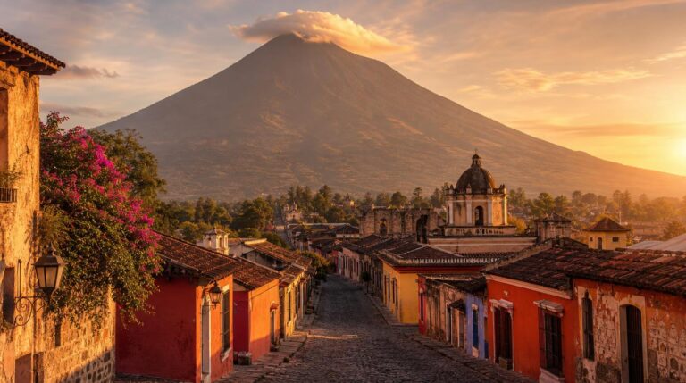 Wide landscape shot of Antigua, Guatemala at golden hour, cobblestone streets and colorful colonial buildings