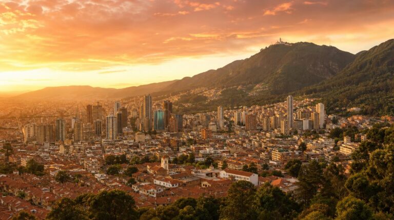 Wide landscape shot of Bogotá spread across a green Andean plateau at golden hour