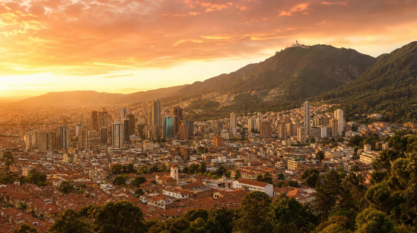 Wide landscape shot of Bogotá spread across a green Andean plateau at golden hour