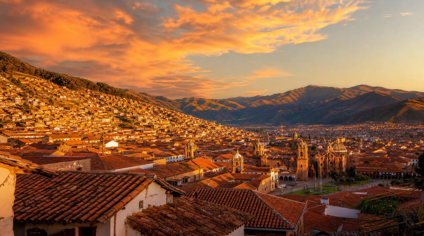 Wide landscape shot of Cusco at golden hour, terracotta-tiled rooftops climbing the steep Andean hillside tow