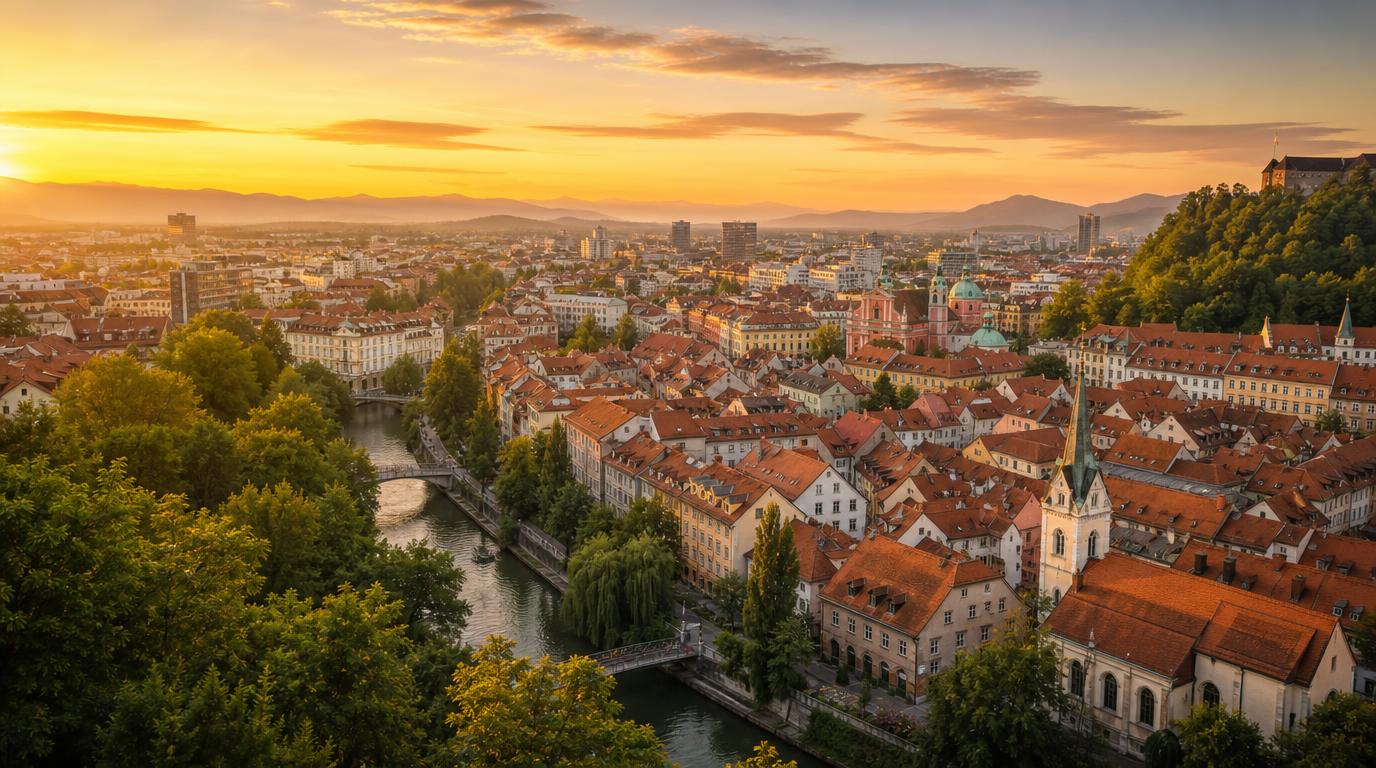 Wide landscape shot of Ljubljana's skyline at golden hour, seen from Ljubljana Castle hill, terracotta rooftops and the Ljubljanica river