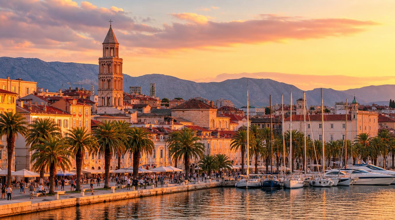 Wide landscape shot of Split's waterfront Riva promenade at golden hour, palm trees lining the harbor, the terracotta rooftops