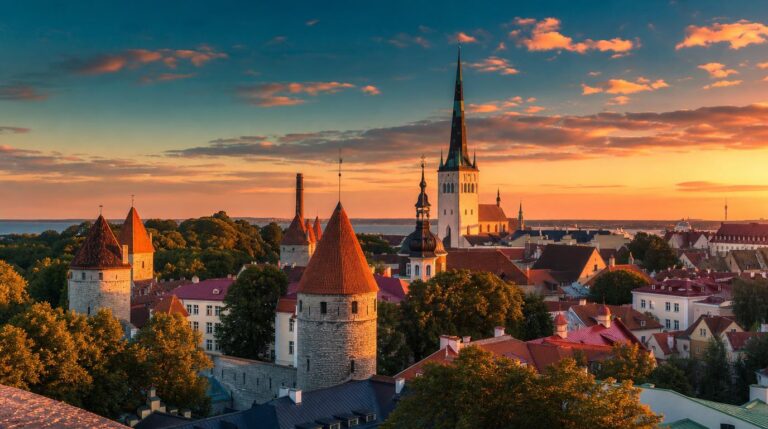 Wide landscape shot of Tallinn's Old Town skyline at golden hour, medieval spires and red rooftops catching warm coral