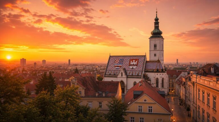 Wide landscape shot of Zagreb's Upper Town skyline at golden hour, red-tiled rooftops and the colorful mosaic roof of St. Mark's Church