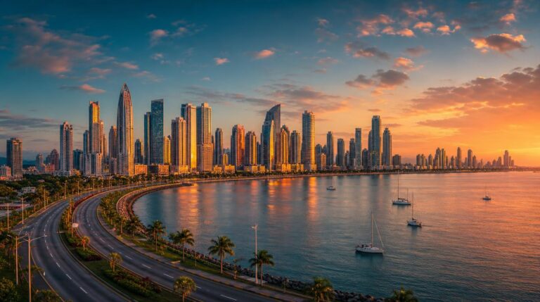 Wide landscape shot of the Panama City skyline at golden hour, seen from across the bay with the curve of the coastal highway