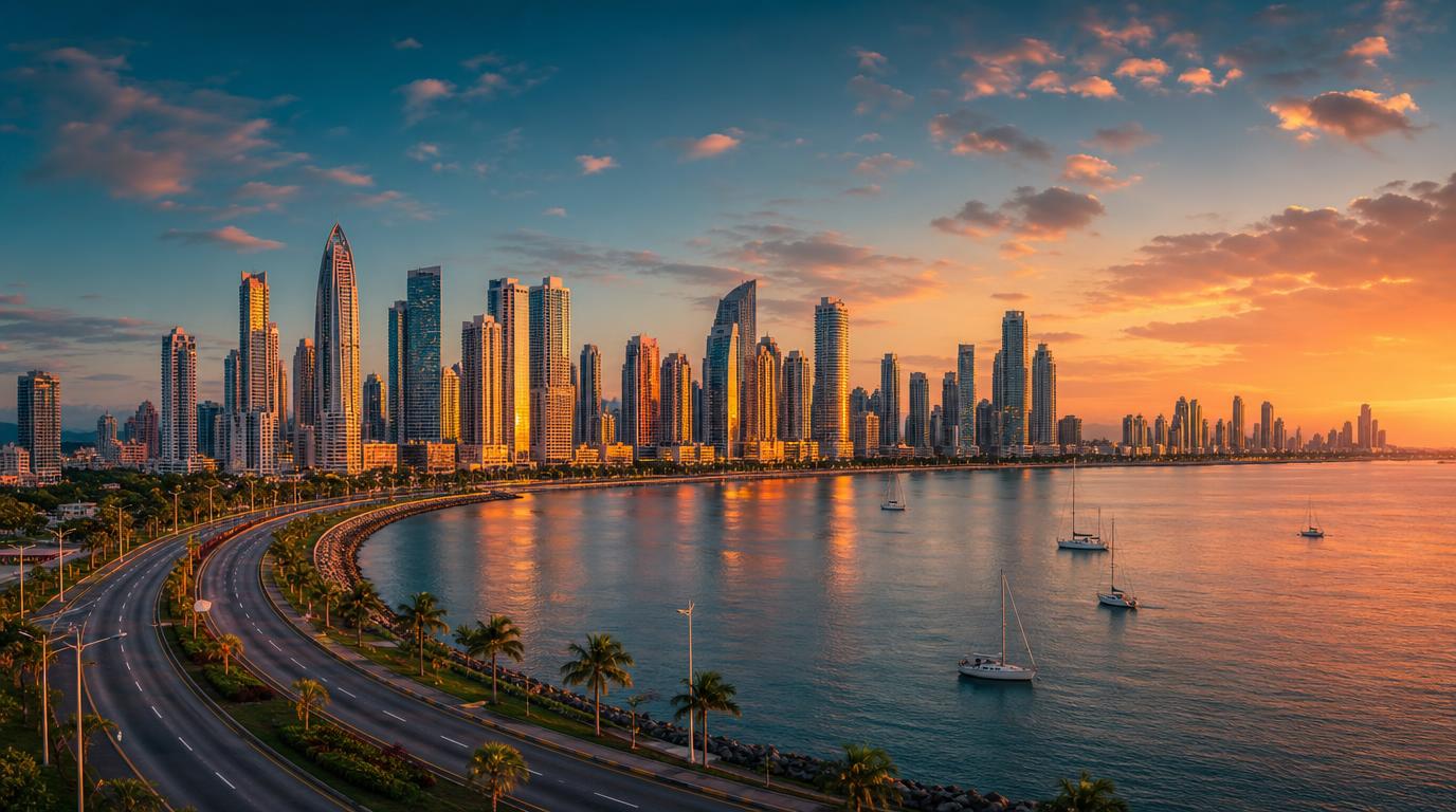 Wide landscape shot of the Panama City skyline at golden hour, seen from across the bay with the curve of the coastal highway
