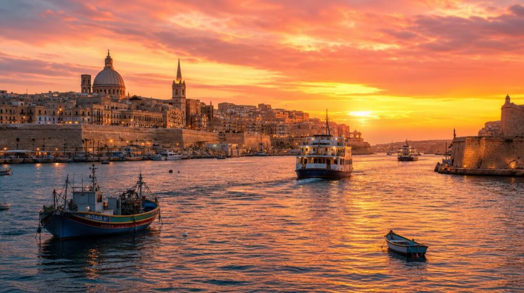 Wide shot of Valletta's Grand Harbour at sunset, ferries and fishing boats in the water, warm coral and golden sky