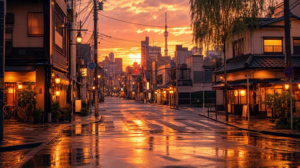Wide shot of a Tokyo street at golden hour, low-rise shopfronts with soft glowing signs, a quiet intersection