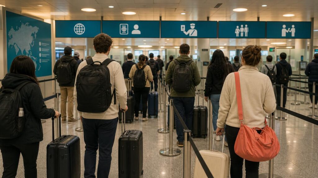 Wide shot of an airport immigration queue seen from behind, travelers with backpacks and rolling luggage