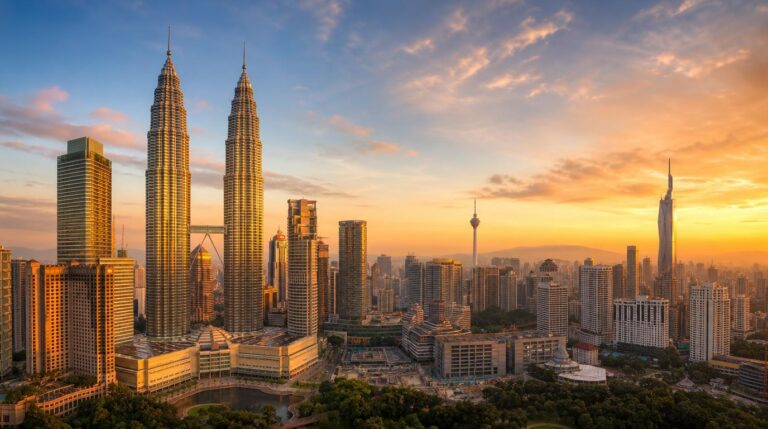 Wide skyline shot of Kuala Lumpur at golden hour, the Petronas Towers catching warm late-afternoon light against a soft