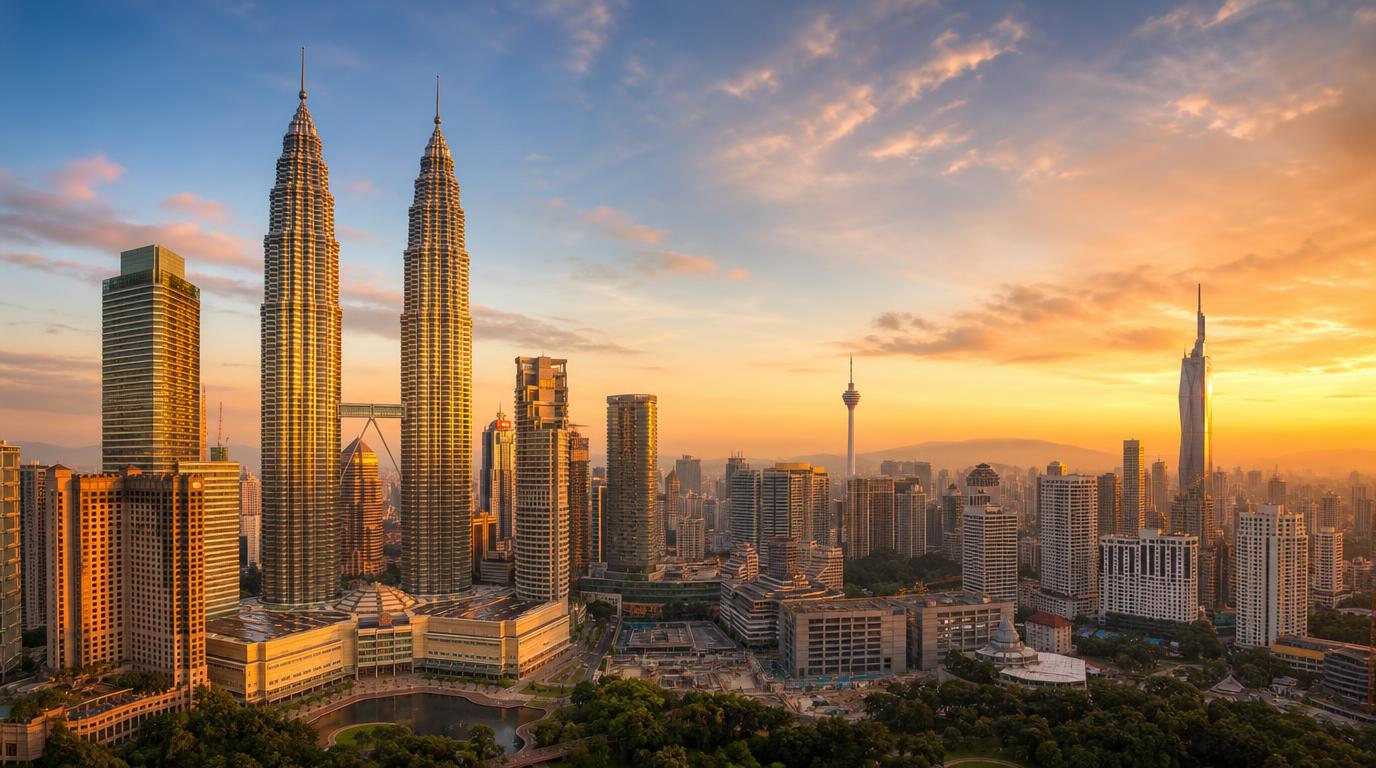 Wide skyline shot of Kuala Lumpur at golden hour, the Petronas Towers catching warm late-afternoon light against a soft