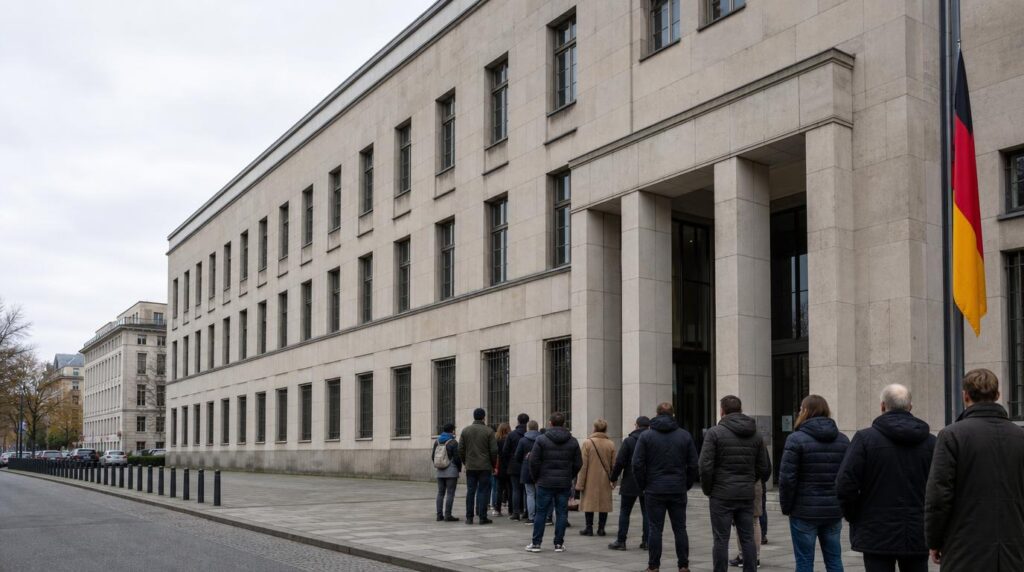 Wide street-level shot of a German government office building exterior, understated stone facade with a small flagpole