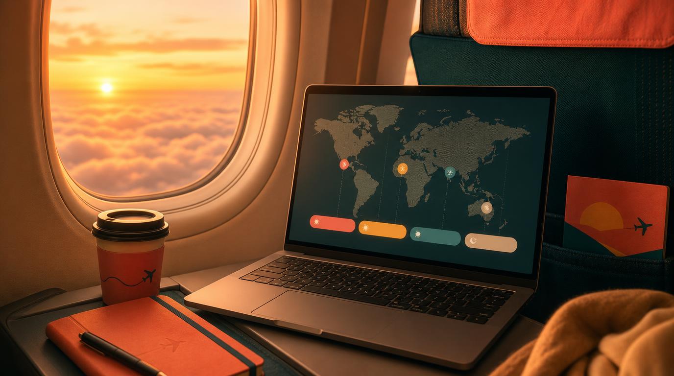 Window-seat view from an airplane at golden hour, warm coral and golden-yellow light spilling across the cabin, a laptop open