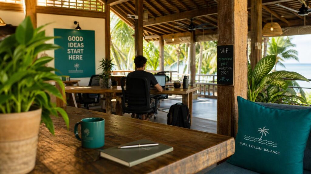 coworking space interior in a tropical setting