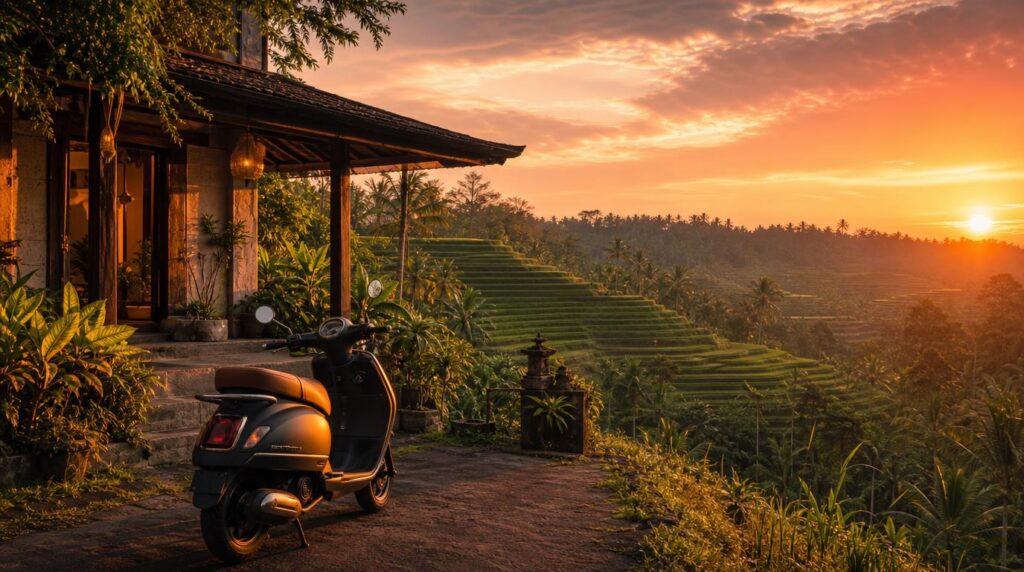 scooter parked outside a jungle villa in Ubud